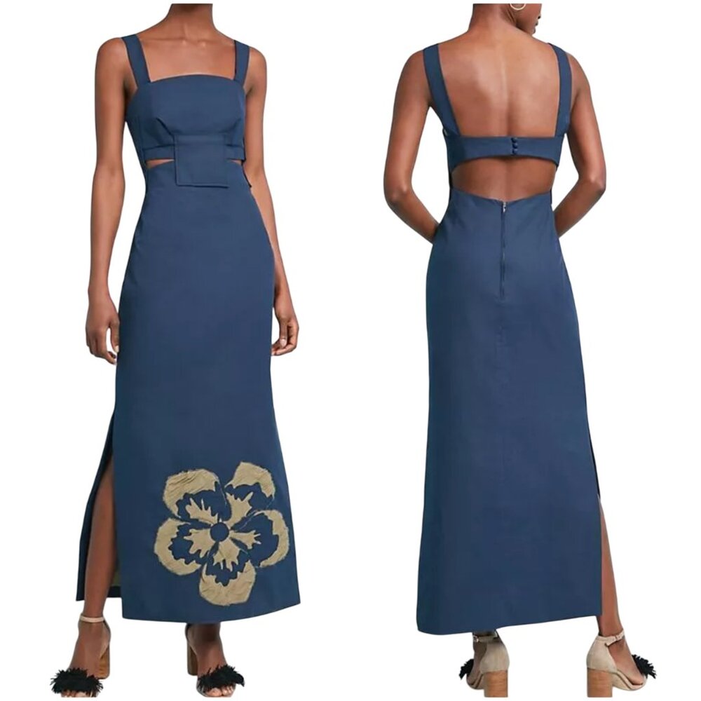 Anthropologie Maui Maxi Dress by Sissa 2 4 XS navy blue cutout flower Brazil